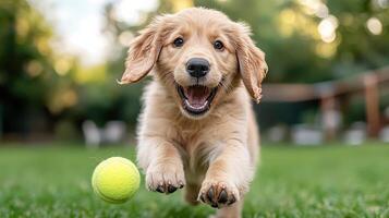 A golden retriever puppy running with a tennis ball photo