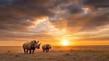 Two rhinos are walking in the sunset photo
