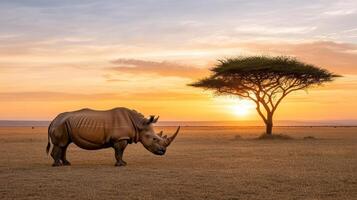 Rhino in the savannah at sunset photo