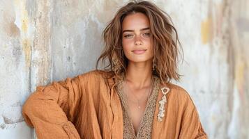 A woman in a brown dress and jacket leaning against a wall photo