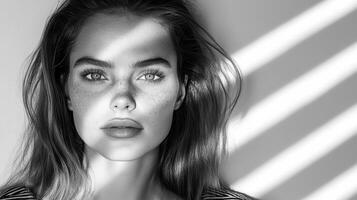 A black and white photo of a woman with freckles