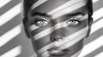 A woman with white eyes and a black and white photo