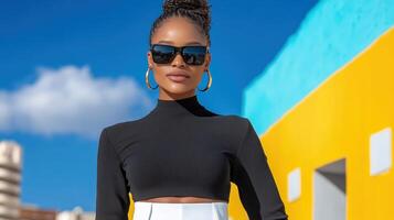 A woman in sunglasses and a black top photo