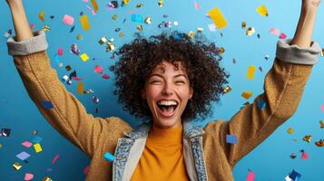 Happy woman with arms up and confetti falling over her head photo