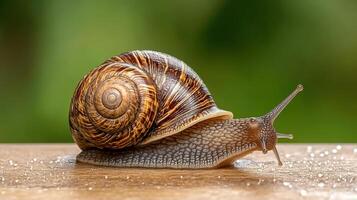 A snail is crawling on a wooden surface photo