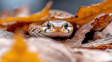 A snake is hiding in the leaves photo