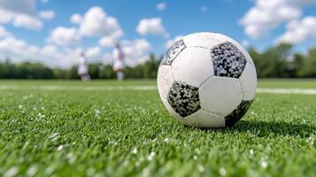 A soccer ball on the grass with a soccer player in the background photo