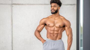 A man with a muscular body standing in front of a wall photo