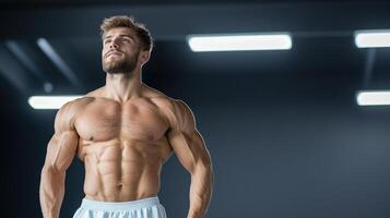 A man with a muscular body standing in front of a light photo