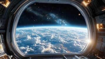 View from space window of earth and clouds photo