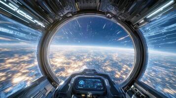 A view from inside a spaceship looking out at the earth photo