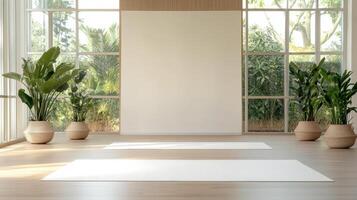 An empty room with white walls and potted plants photo