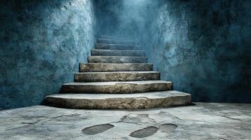 A stairway with footprints leading up to a blue wall photo