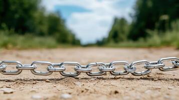 A chain is sitting on the ground in front of a tree photo