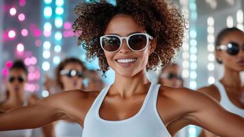 A woman in sunglasses and a white tank top photo