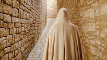 A person wearing a cloak walks down a narrow alley photo