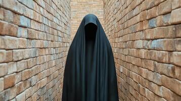 A person in a black cloak standing in an alley photo