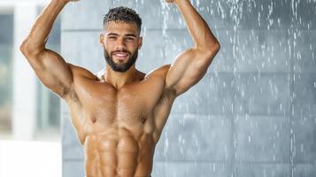 A man is standing in front of a shower photo