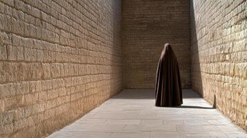 A woman in a long robe walks through a narrow alley photo