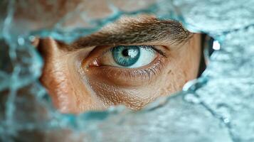 A man's eye peeking through a hole in a wall photo