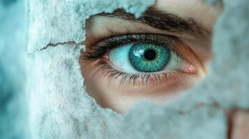 A woman's eye is peeking through a hole in a wall photo