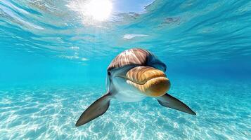 A dolphin with a large fish in its mouth photo