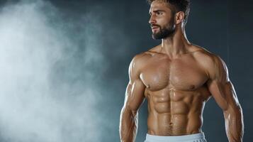 A man with a shirtless torso standing in front of a smoke cloud photo