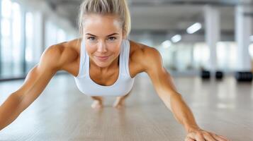 A woman doing push ups on the floor photo
