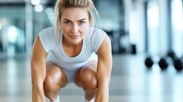 A woman is squatting in a gym photo