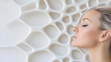 A woman is lying on a white background with her eyes closed photo