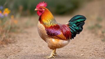 A colorful rooster walking on a dirt road photo