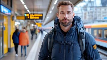 A man with a beard and backpack standing in front of a train photo