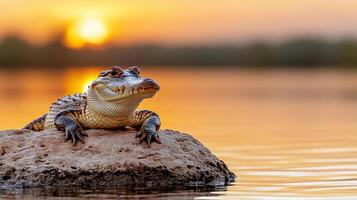 A crocodile sitting on a rock in the water at sunset photo