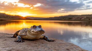 A crocodile sitting on a rock at sunset photo