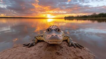 An alligator is sitting on a rock at sunset photo