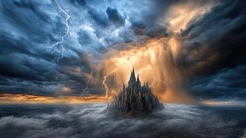 A castle in the clouds with lightning and clouds photo