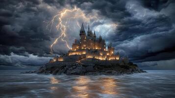 A castle on an island with lightning and storm clouds photo