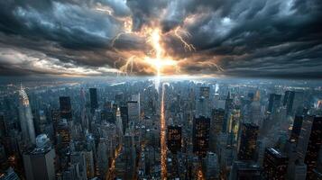 A lightning bolt strikes through the sky over a city photo