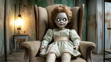 A creepy doll sitting in a chair with glowing eyes photo