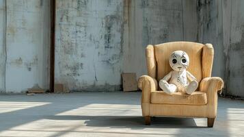 A stuffed animal sitting in a chair in an empty room photo