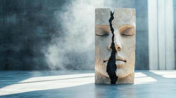 A statue of a woman's face is in the middle of a room photo
