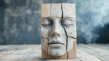 A wooden sculpture of a face with smoke coming out of it photo