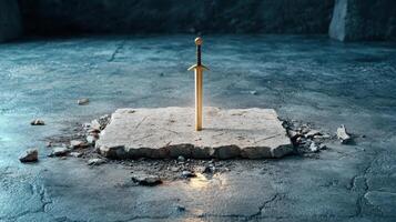 A sword is sitting on a stone floor photo