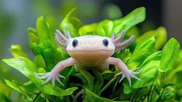 A small white axolotl is sitting in a green plant photo