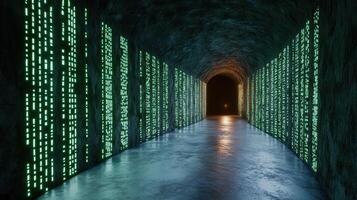 A tunnel with green lights and numbers on it photo