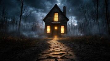 A creepy house in the woods at night photo