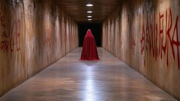 A red cloak is standing in a dark hallway photo