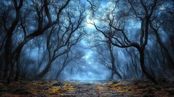 A dark forest with trees and fog photo