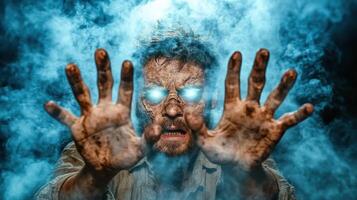 A man with glowing eyes and hands in the smoke photo