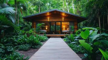 A wooden walkway leads to a small cabin in the jungle photo